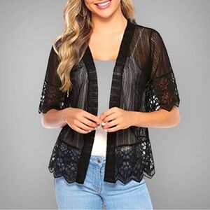 New Boho Solid Lace Open Front Crop Short Cover Up Black Semi Sheer Kimono NWT